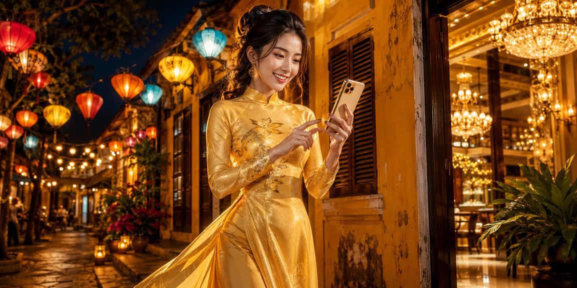 Người chơi trong trang phục áo dài truyền thống tại Hội An tham gia trò chơi slot cao cấp
